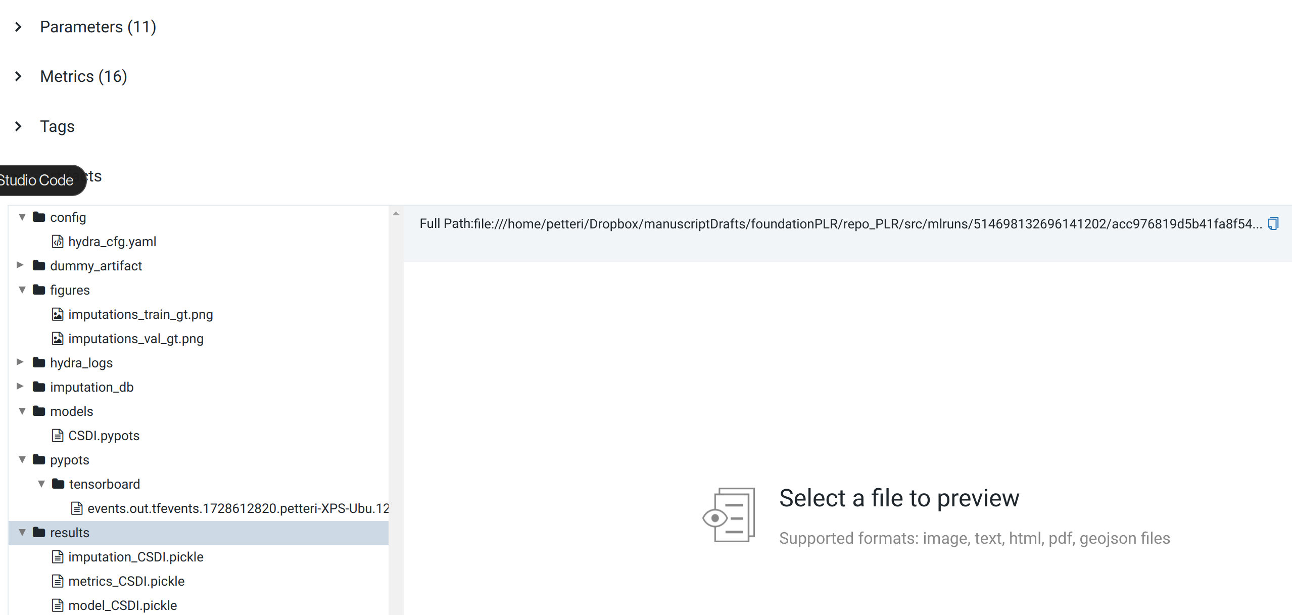 MLflow artifact store showing experiment outputs
