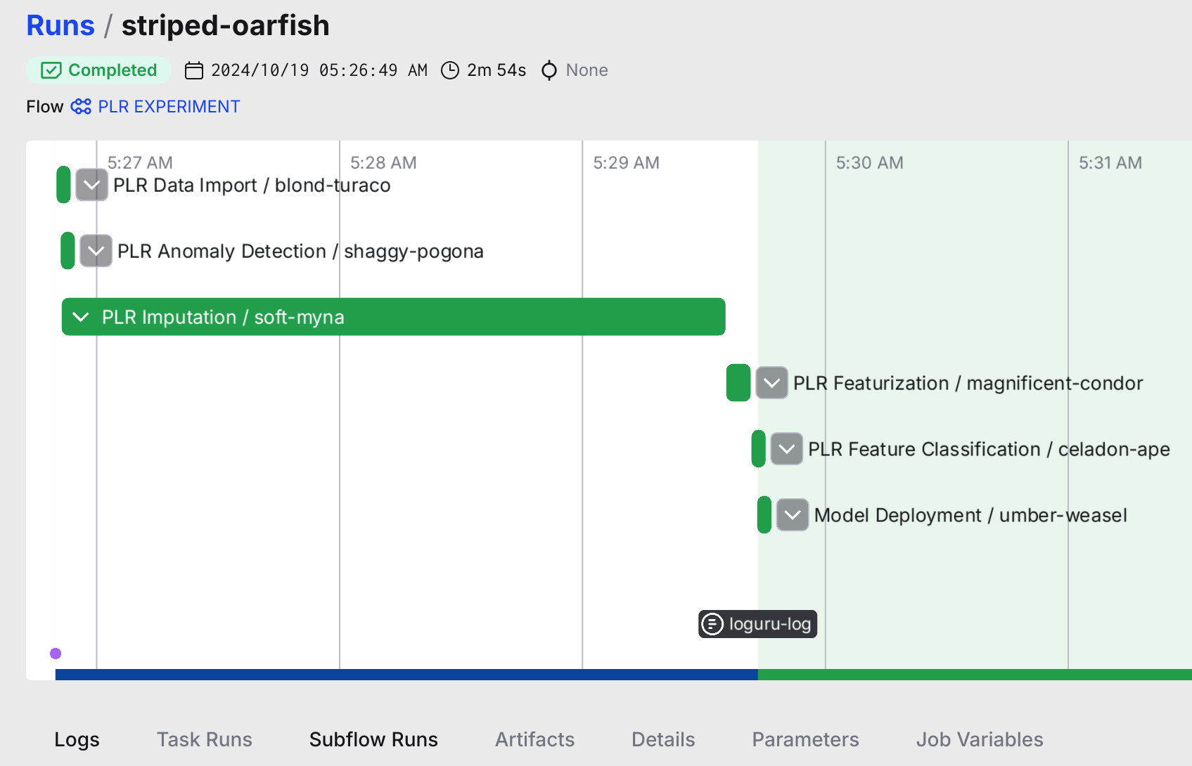 Prefect flow execution showing 6 subflows