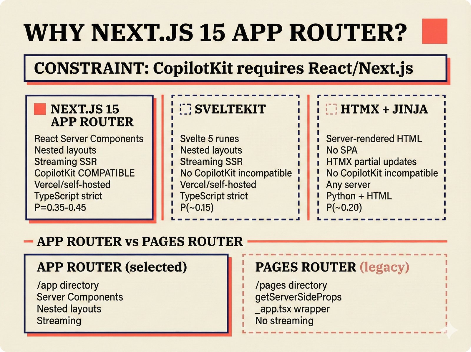 Architecture decision: Next.js 15 App Router selected for music attribution frontend, driven by CopilotKit React dependency for agentic UI, compared against SvelteKit and HTMX alternatives, with server components and streaming SSR enabling transparent confidence display in the open-source attribution scaffold.