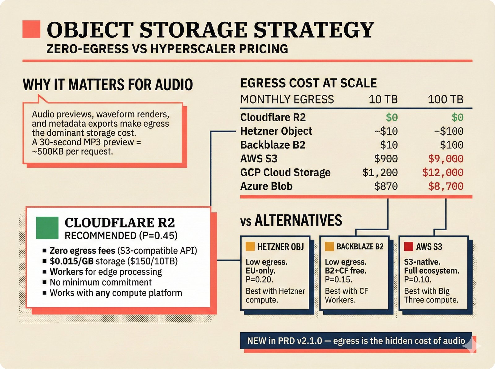 Architecture decision: Cloudflare R2 selected for music attribution scaffold object storage with zero egress fees, compared against Hetzner Object Storage, Backblaze B2, and AWS S3 in an egress cost table showing $0 versus $9,000 per month at 100TB scale -- a critical FinOps decision for audio-heavy workloads where preview serving dominates bandwidth costs in the open-source attribution platform.