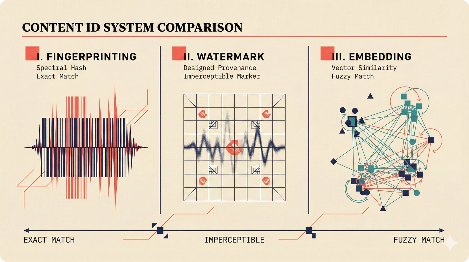 Content ID comparison: fingerprinting versus watermark detection versus embedding similarity
