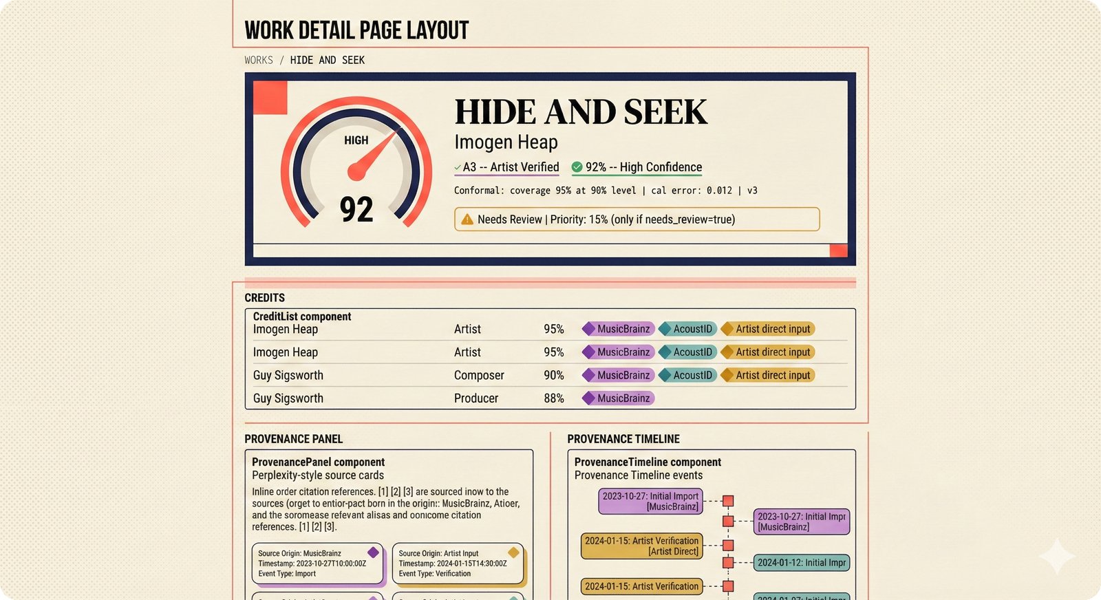 Interface mockup of work detail page with hero confidence gauge, per-credit scores, provenance panel, and timeline