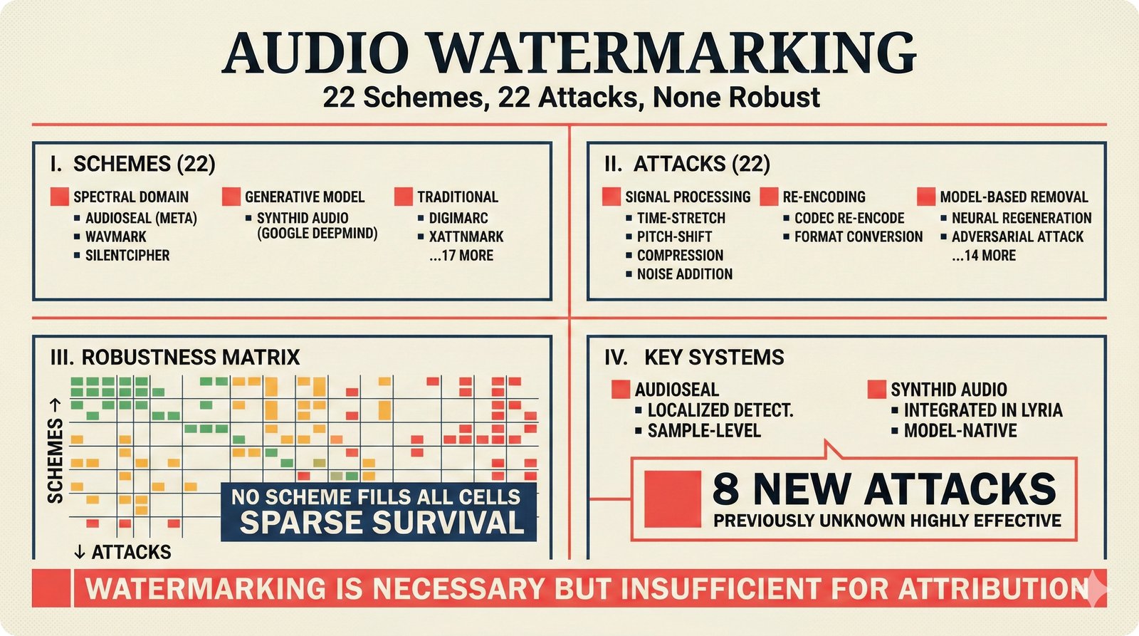 22 watermarking schemes tested against 22 attacks with robustness matrix
