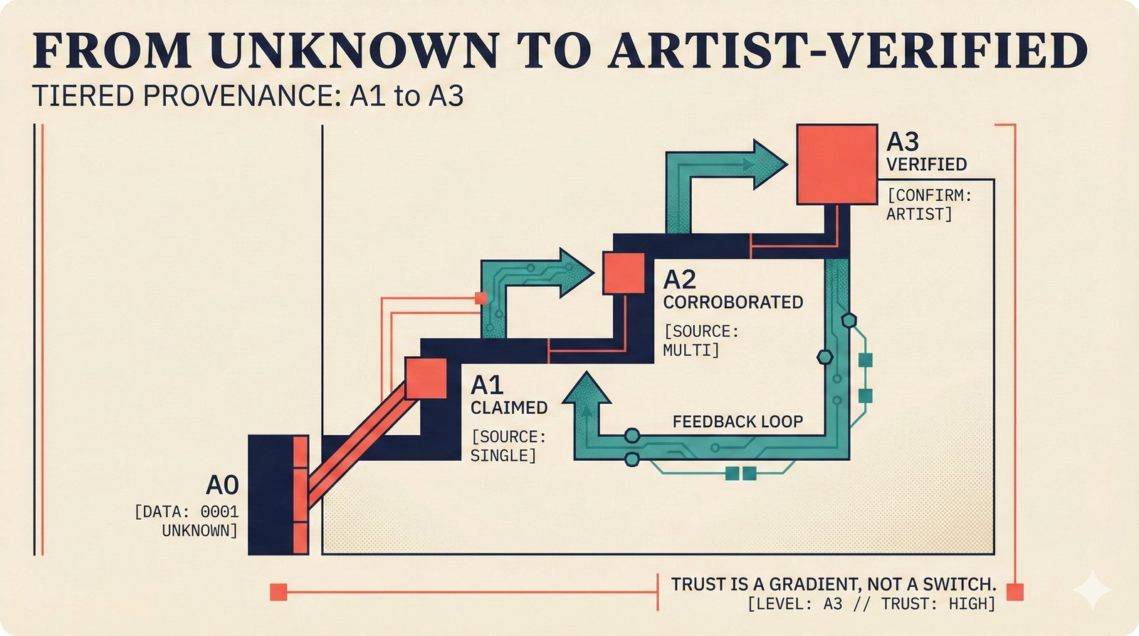 Four-tier provenance framework for music attribution — A0 Unknown through A1 Claimed, A2 Corroborated, to A3 Artist-Verified — mapping to ISRC, ISWC, and ISNI registry standards for transparent confidence scoring in music rights management