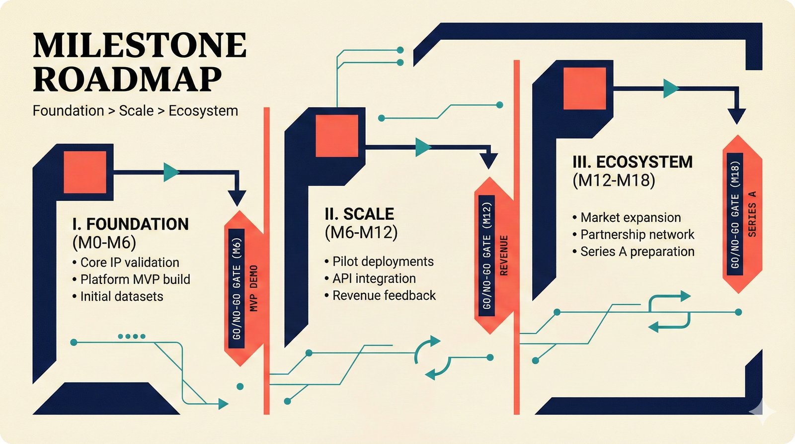 Three-phase 18-month product roadmap for music attribution platform — Foundation M0-M6 with MVP demo gate, Scale M6-M12 with first revenue gate, Ecosystem M12-M18 with Series A readiness gate — milestone-driven startup execution plan