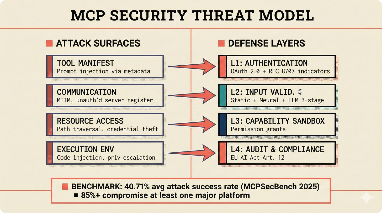 MCP security threat model: four attack surfaces mapped to four defense layers with benchmark showing 40.71% average attack success rate
