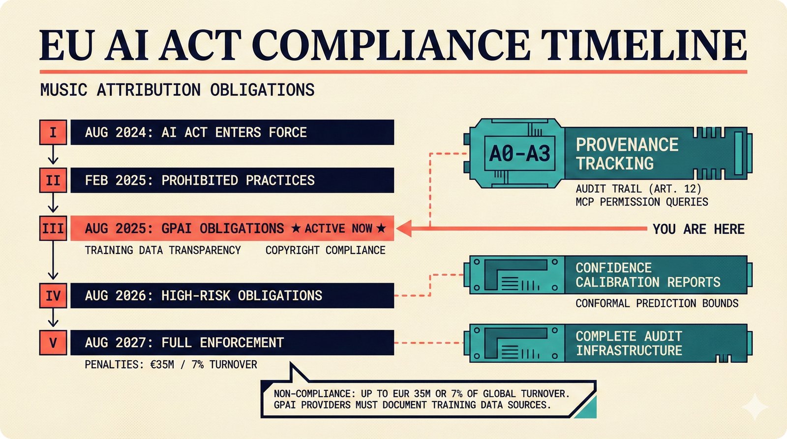 EU AI Act compliance timeline for music attribution from August 2024 through August 2027 full enforcement