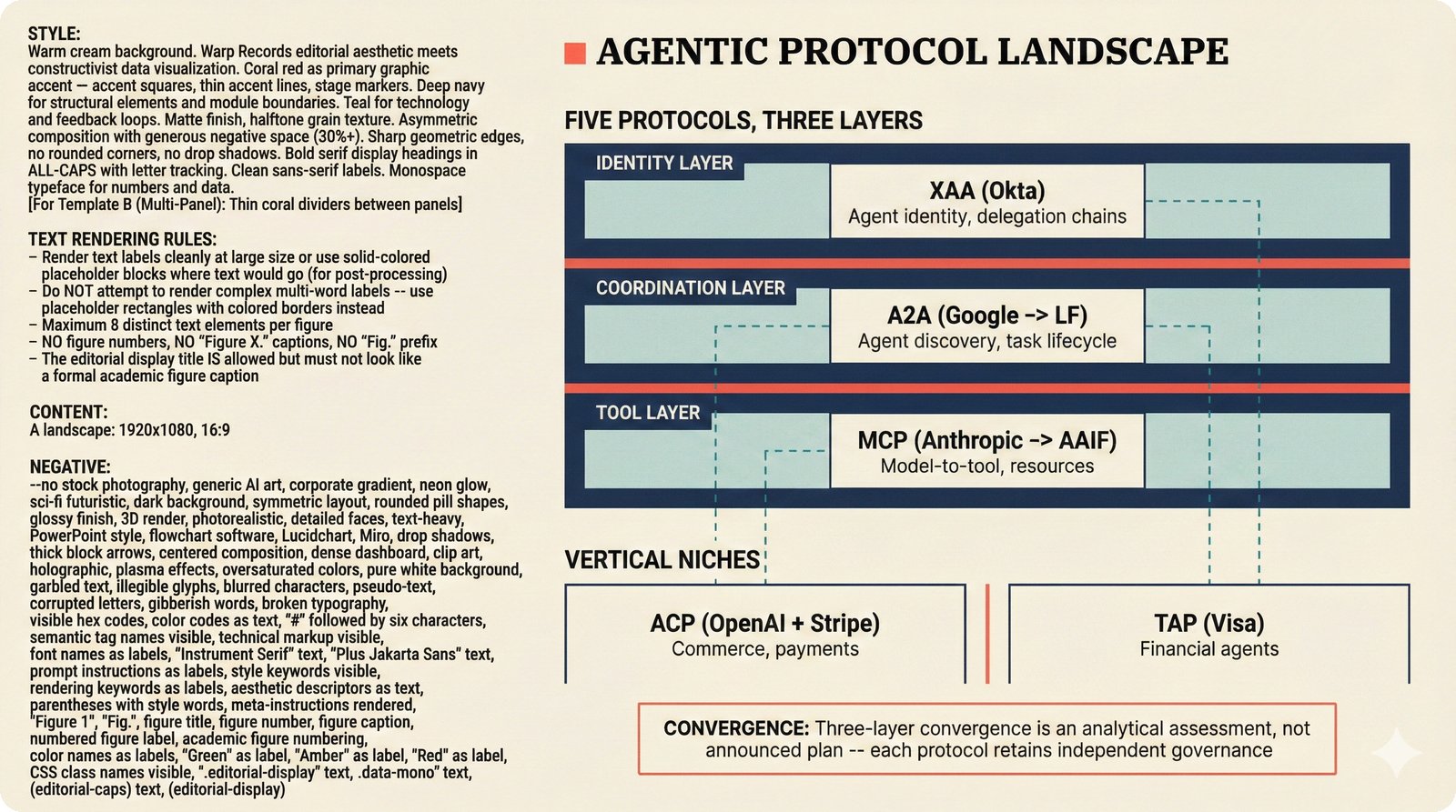 Agentic protocol landscape showing three convergent layers: XAA identity, A2A coordination, MCP tools, plus vertical niches ACP and TAP