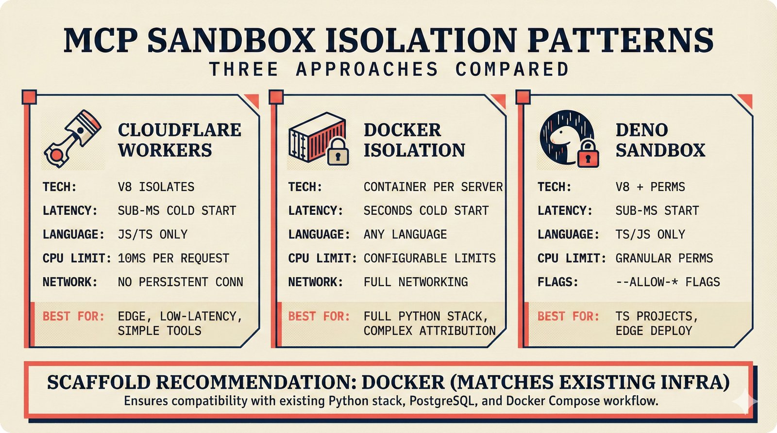 Three-column comparison of MCP sandbox isolation: Cloudflare Workers, Docker containers, and Deno sandbox