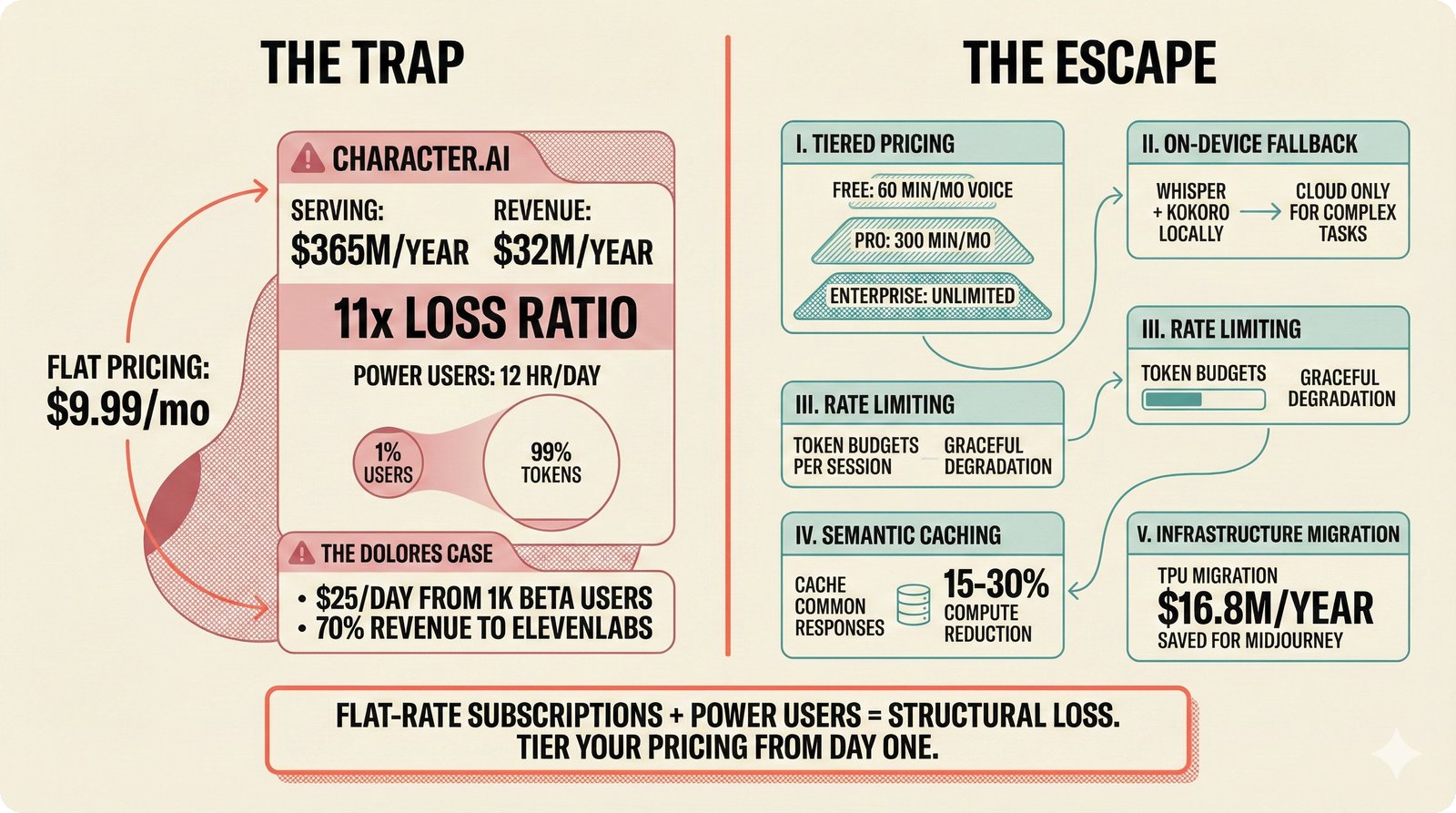 Split-panel diagram illustrating the AI companion cost trap with Character.AI's 11x loss ratio from $365M serving costs against $32M revenue, alongside five FinOps escape strategies for sustainable voice agent economics.